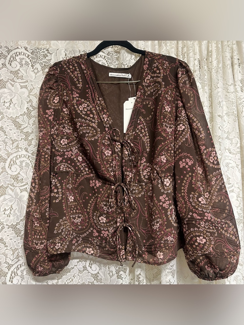 Abercrombie & Fitch Long Sleeve Tie Front Brown Paisley Print Top